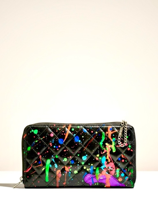 CHANEL Handbags - Chanel CC Zip Around Organizer Wallet Black Quilted Leather Neon Paint Rare
